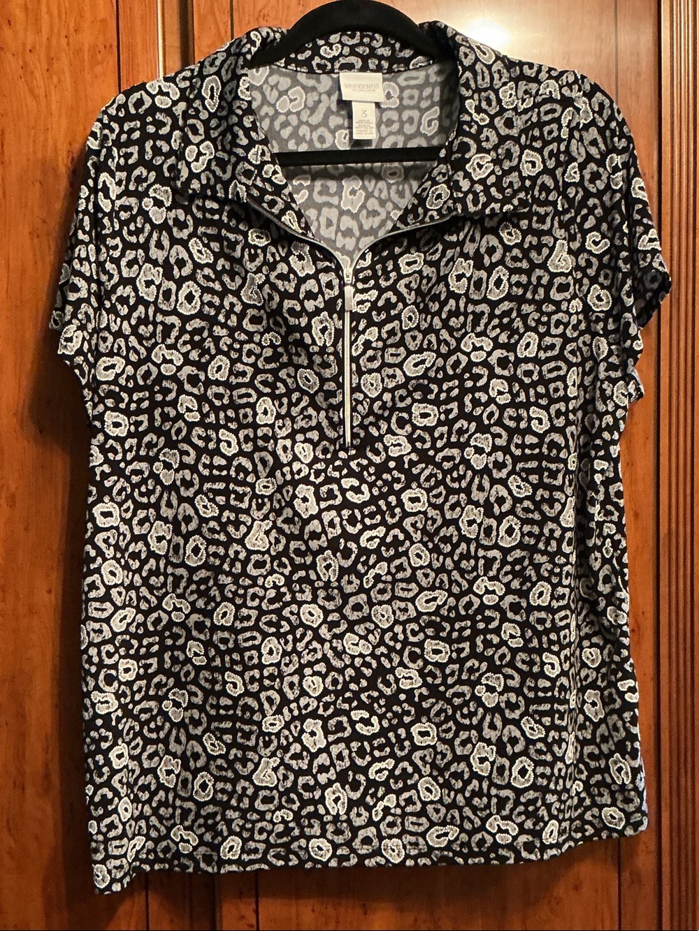 White House Black Market Black & White Leopard Zip Polo Tee